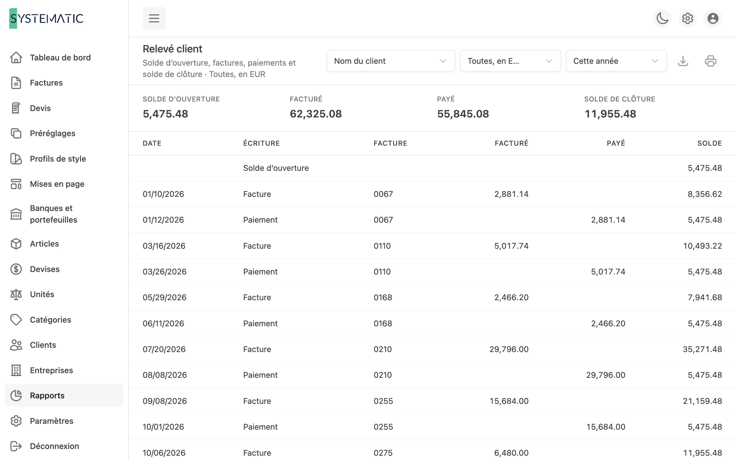 Le compte de chaque client, ligne par ligne